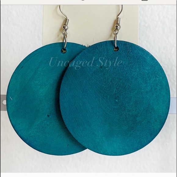 Jewelry - NEW ROUND WOODEN TEAL EARRINGS